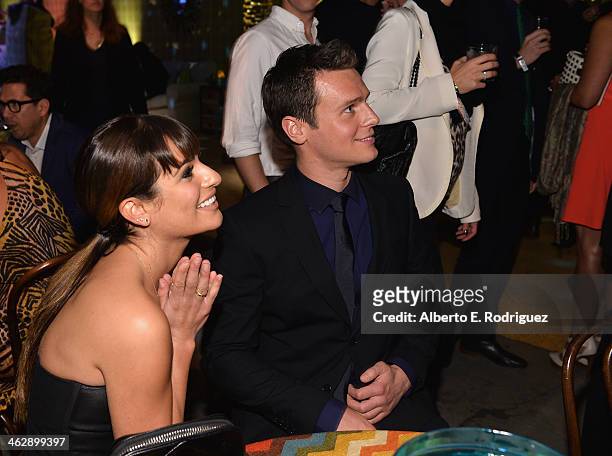 Actors Lea Michele and Jonathan Groff attend the after party for the premiere of HBO's "Looking" at Paramount Studios on January 15, 2014 in...