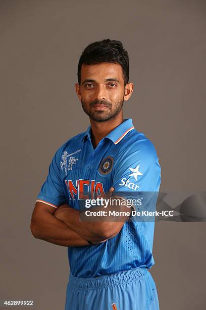 Ajinkya Rahane poses during the India 2015 ICC Cricket World Cup Headshots Session at the Intercontinental on February 7, 2015 in Adelaide, Australia.