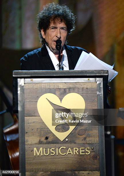 Bob Dylan speaks onstage at the 25th anniversary MusiCares 2015 Person Of The Year Gala honoring Bob Dylan at the Los Angeles Convention Center on...