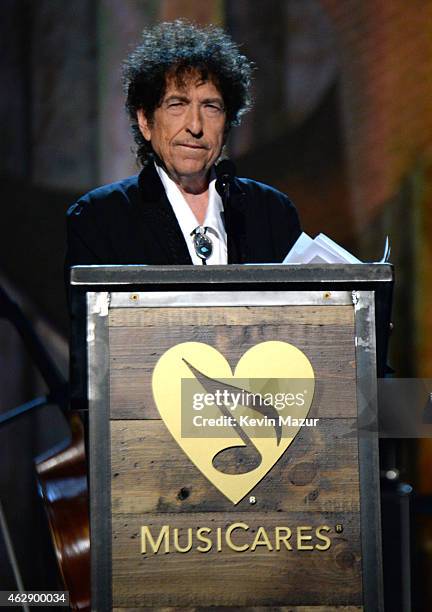 Bob Dylan speaks onstage at the 25th anniversary MusiCares 2015 Person Of The Year Gala honoring Bob Dylan at the Los Angeles Convention Center on...