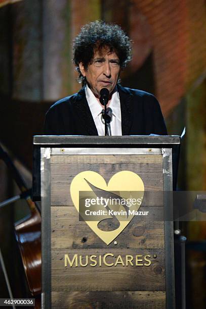 Bob Dylan speaks onstage at the 25th anniversary MusiCares 2015 Person Of The Year Gala honoring Bob Dylan at the Los Angeles Convention Center on...