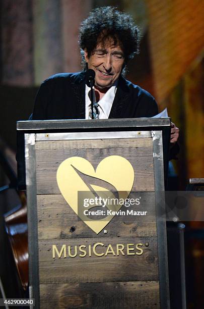 Bob Dylan speaks onstage at the 25th anniversary MusiCares 2015 Person Of The Year Gala honoring Bob Dylan at the Los Angeles Convention Center on...