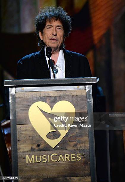 Bob Dylan speaks onstage at the 25th anniversary MusiCares 2015 Person Of The Year Gala honoring Bob Dylan at the Los Angeles Convention Center on...