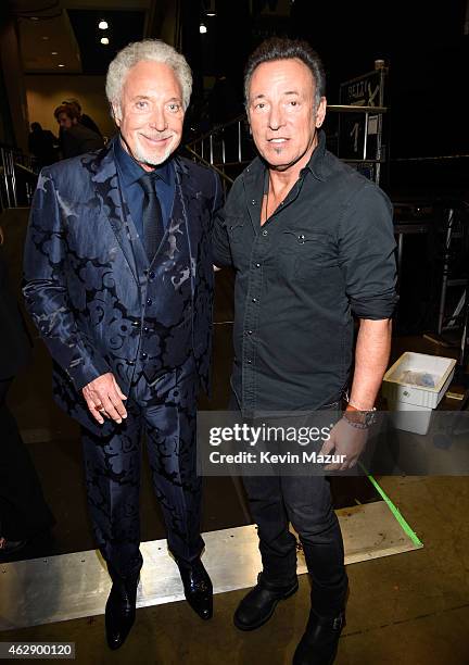 Tom Jones and Bruce Springsteen attend the 25th anniversary MusiCares 2015 Person Of The Year Gala honoring Bob Dylan at the Los Angeles Convention...