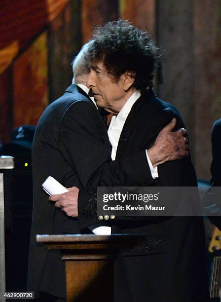 Bob Dylan and Former United States President Jimmy Carter onstage at the 25th anniversary MusiCares 2015 Person Of The Year Gala honoring Bob Dylan...