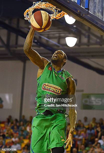 Mickell Gladness of the Crocodiles slam dunks the ball during the round 18 NBL match between the Townsville Crocodiles and New Zealand Breakers at...