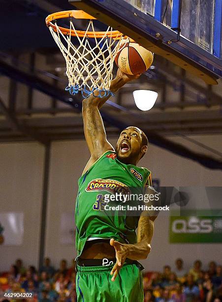 Mickell Gladness of the Crocodiles slam dunks the ball during the round 18 NBL match between the Townsville Crocodiles and New Zealand Breakers at...