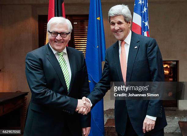 Frank-Walter Steinmeier , German minister of foreign affairs and John Kerry, US secretary of state, pose ahead of a bilateral meeting at the 51st...