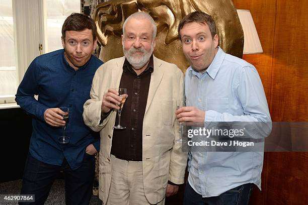 From Left-Right: Toby Leigh; Mike Leigh, Liam Leigh attend the BAFTA Fellowship Lunch at The Savoy Hotel on February 7, 2015 in London, England.