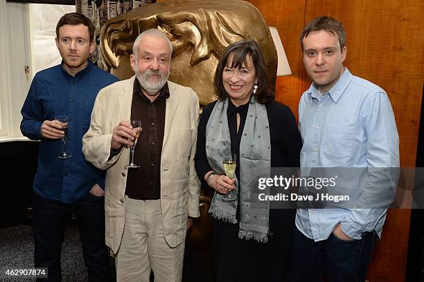 From Left-Right: Toby Leigh; Mike Leigh, Marion Bailey and Liam Leigh attend the BAFTA Fellowship Lunch at The Savoy Hotel on February 7, 2015 in...