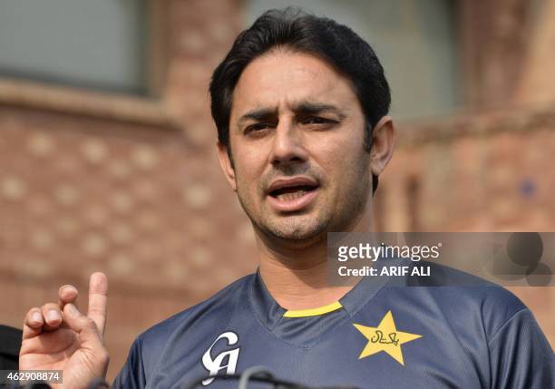 Pakistan spinner Saeed Ajmal speaks to media at the National Cricket Academy in Lahore on February 7, 2015. The bowling actions of Pakistan's ace...