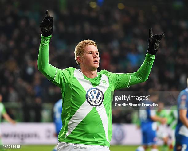 Kevin De Bruyne of Wolfsburg celebrates scoring his goal during the Bundesliga match between VfL Wolfsburg and 1899 Hoffenheim at Volkswagen Arena on...