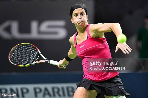 Lourdes Dominguez Lino plays a shot during her match against Vesna Dolonc of Serbia at the Antwerp Diamond Games tennis tournament in Antwerp on...
