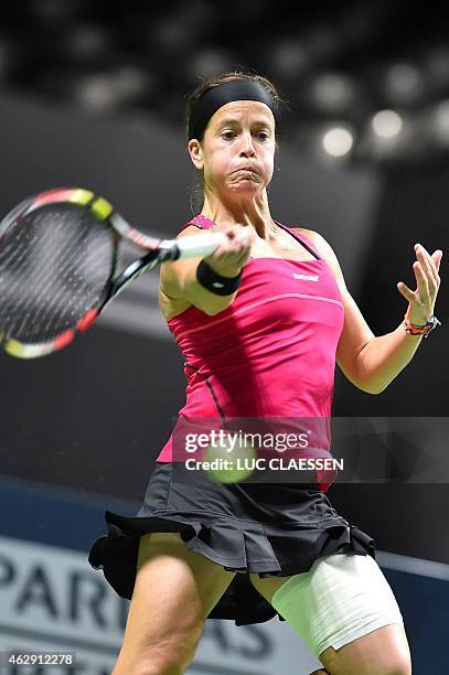 Lourdes Dominguez Lino plays a shot during her match against Vesna Dolonc of Serbia at the Antwerp Diamond Games tennis tournament in Antwerp on...