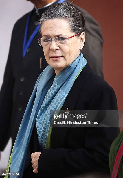 Congress president Sonia Gandhi arrives to cast her vote at Nirman Bhawan during the Delhi Assembly Elections 2015, on February 7, 2015 in New Delhi,...