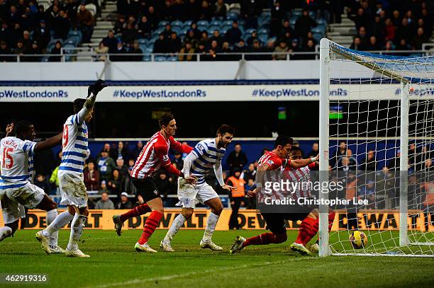 Jose Fonte of Southampton attempts to tclear the ball off the line during the Barclays Premier League match between Queens Park Rangers and...