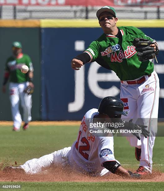Mexico National baseball team shortstop forces out Dominican National baseball player Alexi Casilla at second base and makes the throw to first base...