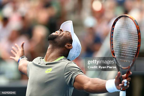 Donald Young of the United States celebrates winning his second round match against Andreas Seppi of Italy during day four of the 2014 Australian...