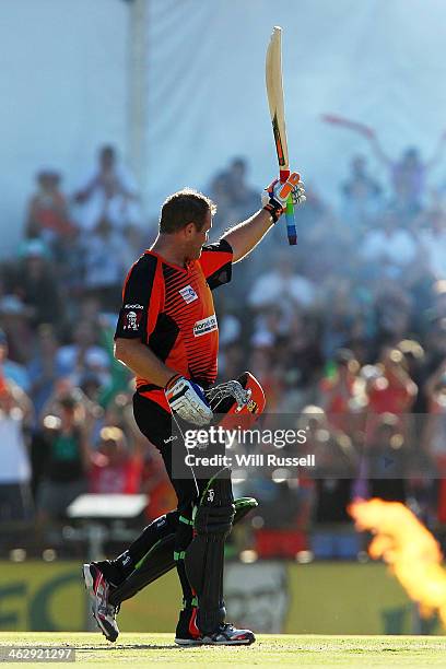 Craig Simmons of the Perth Scorchers celebrates his century during the Big Bash League match between the Perth Scorchers and the Adelaide Strikers at...