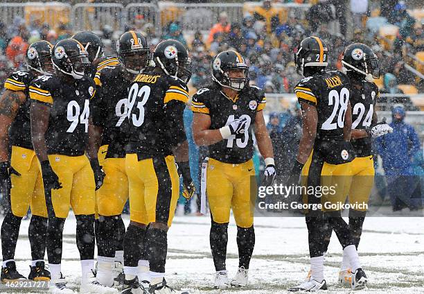 Safety Troy Polamalu of the Pittsburgh Steelers huddles with members of the defense, including LaMarr Woodley, Lawrence Timmons, Al Woods, Jason...