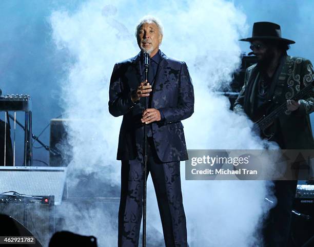 Tom Jones performs onstage during the 2015 MusiCares Person of The Year honoring Bob Dylan held at Los Angeles Convention Center on February 6, 2015...