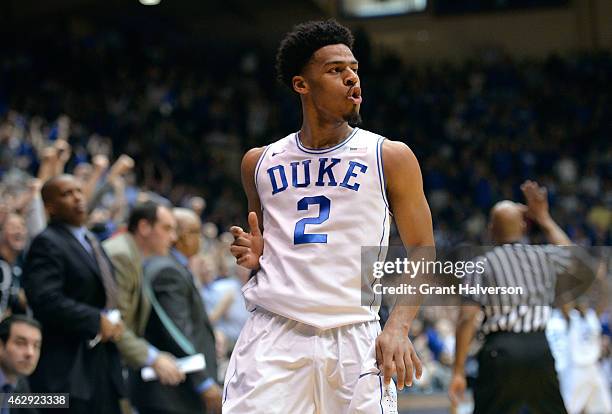 Quinn Cook of the Duke Blue Devils reacts after making a three-point basket against the Notre Dame Fighting Irish during their game at Cameron Indoor...