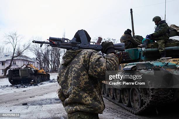 Pro-Russian rebels seize Ukrainian armoured vehicles on February 7, 2015 in Uglegorsk, Ukraine. According to Pro-Russian rebels, control of...