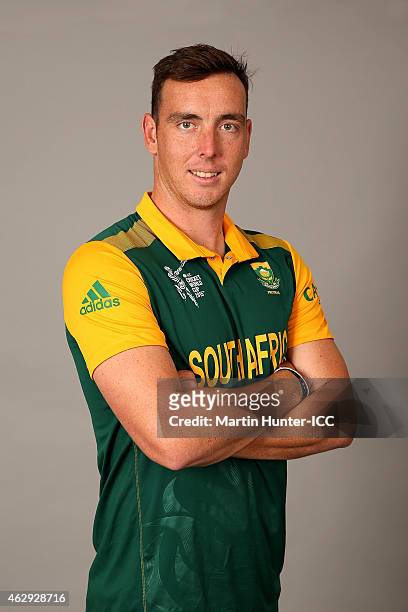 Kyle Abbott poses during the South Africa 2015 ICC Cricket World Cup Headshots Session at the Rydges Latimer on February 7, 2015 in Christchurch, New...