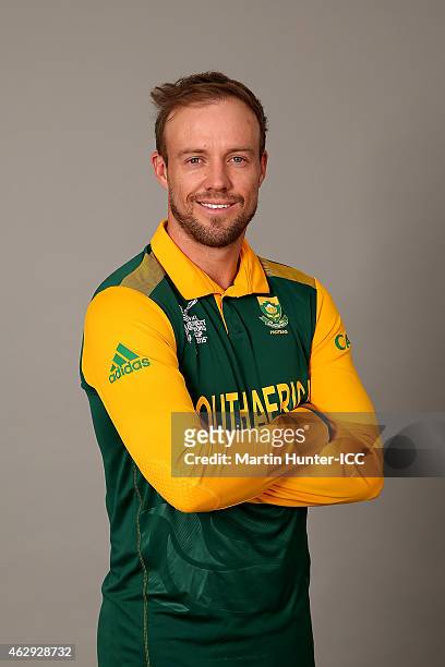 De Villiers poses during the South Africa 2015 ICC Cricket World Cup Headshots Session at the Rydges Latimer on February 7, 2015 in Christchurch, New...