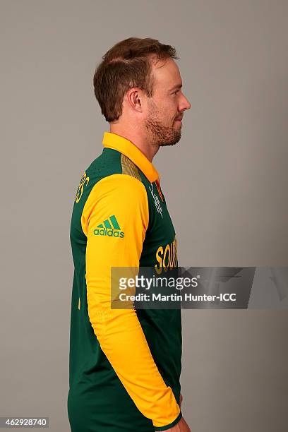 De Villiers poses during the South Africa 2015 ICC Cricket World Cup Headshots Session at the Rydges Latimer on February 7, 2015 in Christchurch, New...
