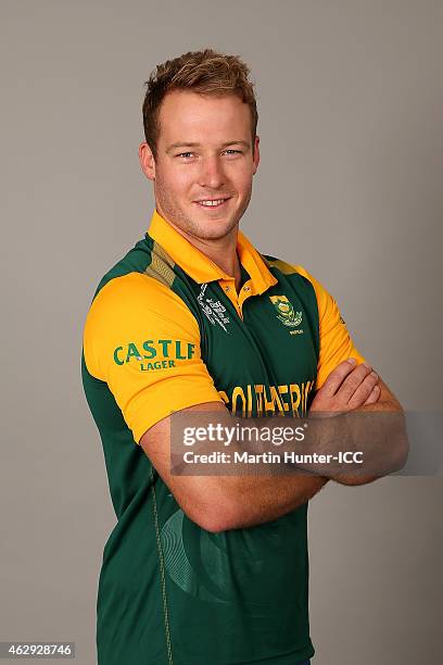 David Miller poses during the South Africa 2015 ICC Cricket World Cup Headshots Session at the Rydges Latimer on February 7, 2015 in Christchurch,...