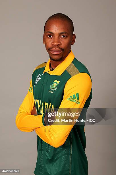 Aaron Phangiso poses during the South Africa 2015 ICC Cricket World Cup Headshots Session at the Rydges Latimer on February 7, 2015 in Christchurch,...