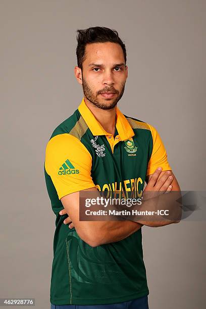 Farhaan Behardien poses during the South Africa 2015 ICC Cricket World Cup Headshots Session at the Rydges Latimer on February 7, 2015 in...