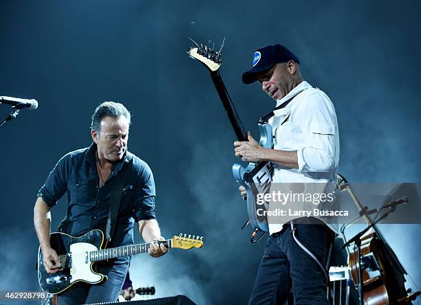 Musicians Bruce Springsteen and Tom Morello onstage at the 25th anniversary MusiCares 2015 Person Of The Year Gala honoring Bob Dylan at the Los...