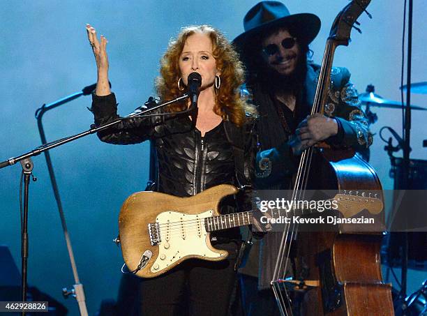 Musician Bonnie Raitt performs onstage at the 25th anniversary MusiCares 2015 Person Of The Year Gala honoring Bob Dylan at the Los Angeles...