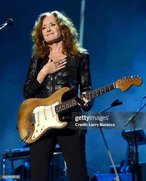 Musician Bonnie Raitt performs onstage at the 25th anniversary MusiCares 2015 Person Of The Year Gala honoring Bob Dylan at the Los Angeles...