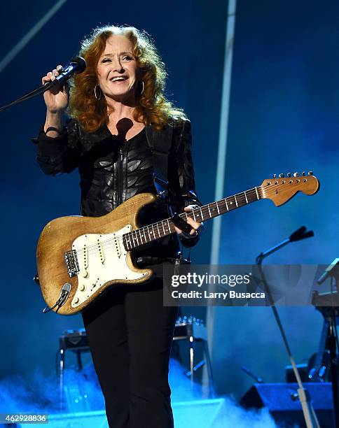 Musician Bonnie Raitt performs onstage at the 25th anniversary MusiCares 2015 Person Of The Year Gala honoring Bob Dylan at the Los Angeles...