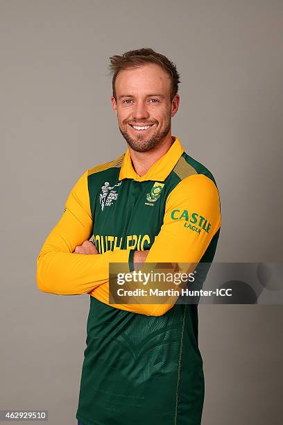 De Villiers poses during the South Africa 2015 ICC Cricket World Cup Headshots Session at the Rydges Latimer on February 7, 2015 in Christchurch, New...