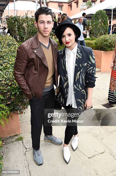 Nick Jonas and Demi Lovato attend the Roc Nation and Three Six Zero Pre-GRAMMY Brunch at Private Residence on February 7, 2015 in Beverly Hills,...