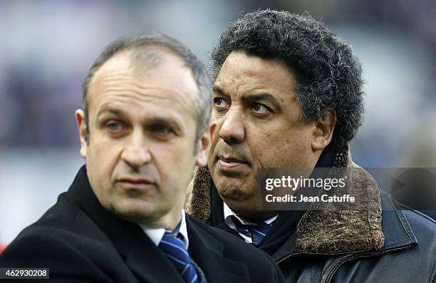 Head coach of France Philippe Saint-Andre and Serge Blanco look on prior to the RBS Six Nations rugby match between France and Scotland at Stade de...