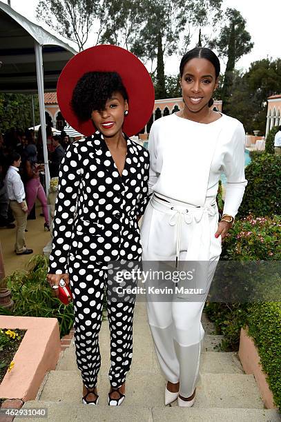Janelle Monae and Kelly Rowland attend the Roc Nation and Three Six Zero Pre-GRAMMY Brunch at Private Residence on February 7, 2015 in Beverly Hills,...