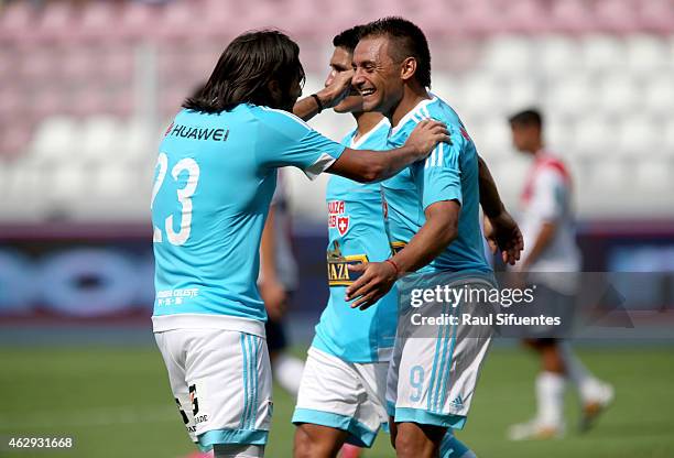 Cesar Pereyra of Sporting Cristal celebrates the third goal of his team against Deportivo Municipal during a match between Deportivo Municipal and...