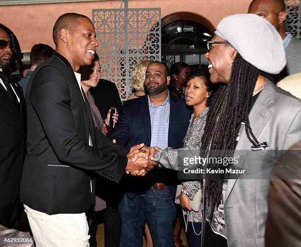 Jay Z and Nile Rodgers attend the Roc Nation and Three Six Zero Pre-GRAMMY Brunch at Private Residence on February 7, 2015 in Beverly Hills,...