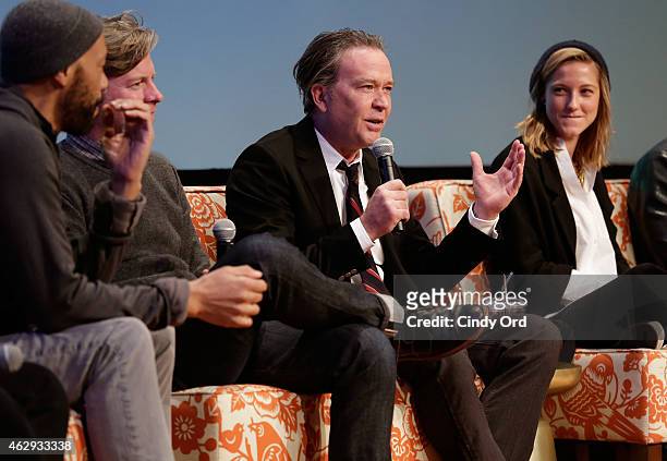 Producer John Ridley, executive producer Michael J McDonald, actors Timothy Hutton and Caitlin Gerard speak during a panel discussion following the...