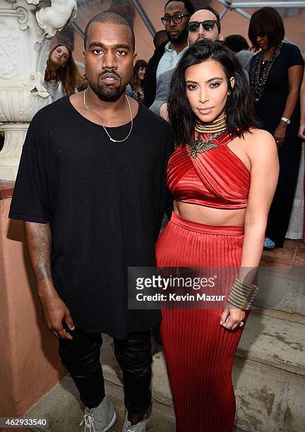 Kanye West and Kim Kardashian attend the Roc Nation and Three Six Zero Pre-GRAMMY Brunch at Private Residence on February 7, 2015 in Beverly Hills,...