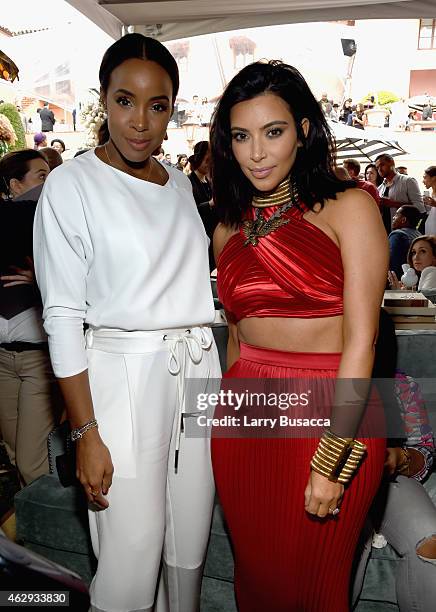 Singer Kelly Rowland and TV personality Kim Kardashian attend Roc Nation and Three Six Zero Pre-GRAMMY Brunch 2015 at Private Residence on February...