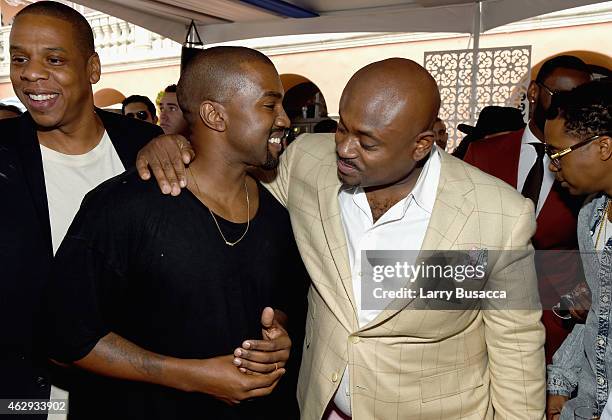 Recording artists Jay-Z, Kanye West and Steve Stoute attend Roc Nation and Three Six Zero Pre-GRAMMY Brunch 2015 at Private Residence on February 7,...