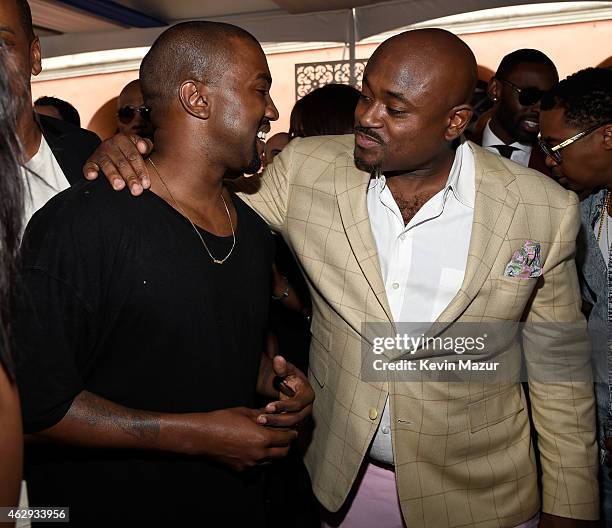 Kanye West and Steve Stoute attend the Roc Nation and Three Six Zero Pre-GRAMMY Brunch at Private Residence on February 7, 2015 in Beverly Hills,...