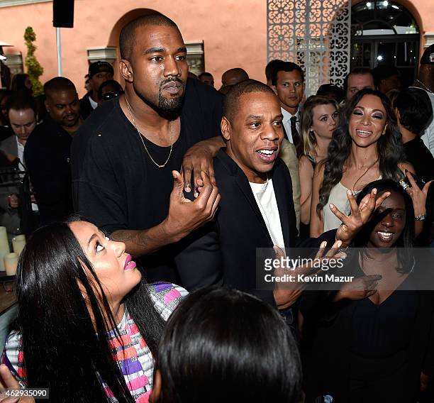 Kanye West and Jay Z attend the Roc Nation and Three Six Zero Pre-GRAMMY Brunch at Private Residence on February 7, 2015 in Beverly Hills, California.