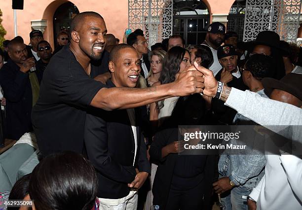 Kanye West and Jay Z attend the Roc Nation and Three Six Zero Pre-GRAMMY Brunch at Private Residence on February 7, 2015 in Beverly Hills, California.